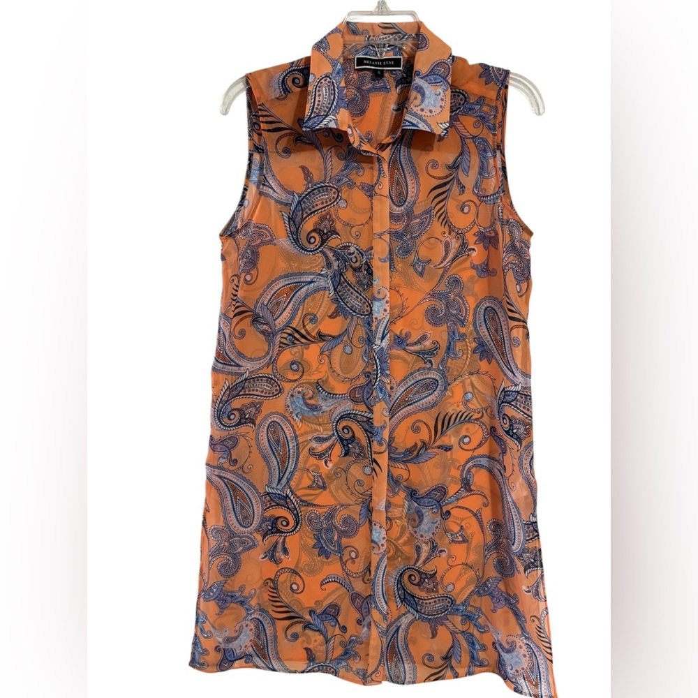 Melanie Lyne Mixed Paisley Print Button Down Top Sheer Sleeveless Size 6 Orange